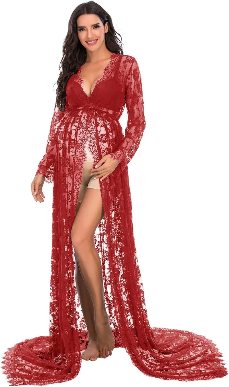 ZIUMUDY Maternity Deep V-Neck Split Front See-Through Maxi Lace Dress for Photography with Long Sleeve