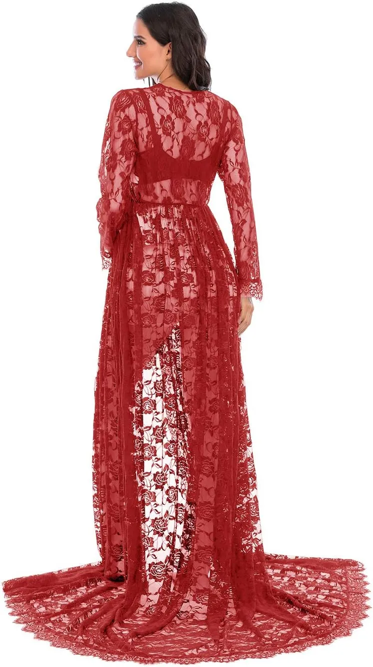 ZIUMUDY Maternity Deep V-Neck Split Front See-Through Maxi Lace Dress for Photography with Long Sleeve