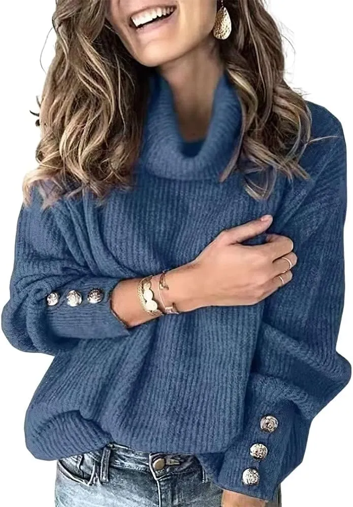 ZOAVIA Women's Turtleneck Pullover Sweater Casual Loose Button Long Sleeve Ribbed Knit Tunic Tops Lightweight Jumper Tops
