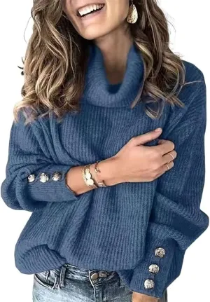 ZOAVIA Women's Turtleneck Pullover Sweater Casual Loose Button Long Sleeve Ribbed Knit Tunic Tops Lightweight Jumper Tops