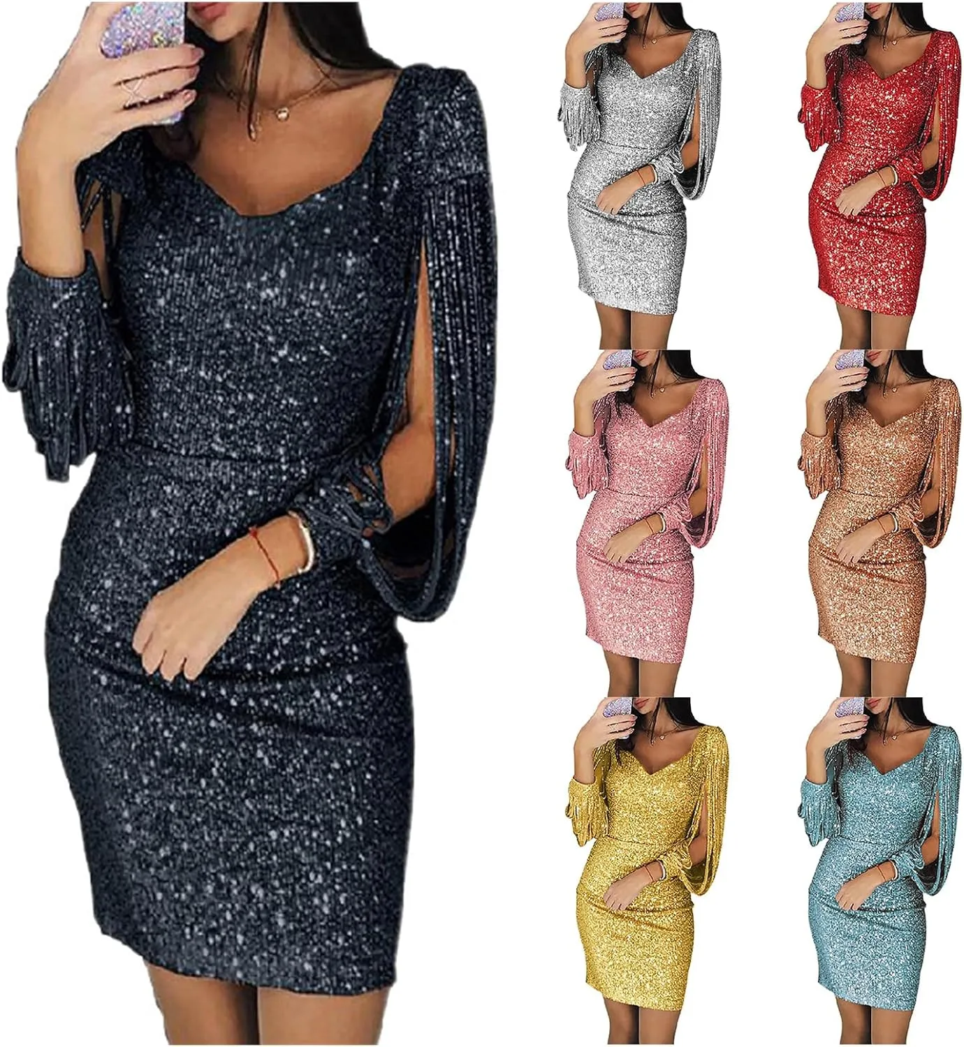 ZWRXW Sparkly Dresses for Women Sequin Party Dress V Neck Fringe Long Sleeve Sexy Bodycon Glitter Dress Prom Cocktail Dress