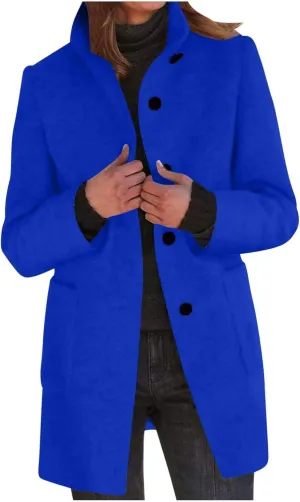 ZWRXW Women's Wool Blend Pea Coat Button Down Stand Collar Thicken Jacket Casual Solid Mid-Long Outerwear with Pockets