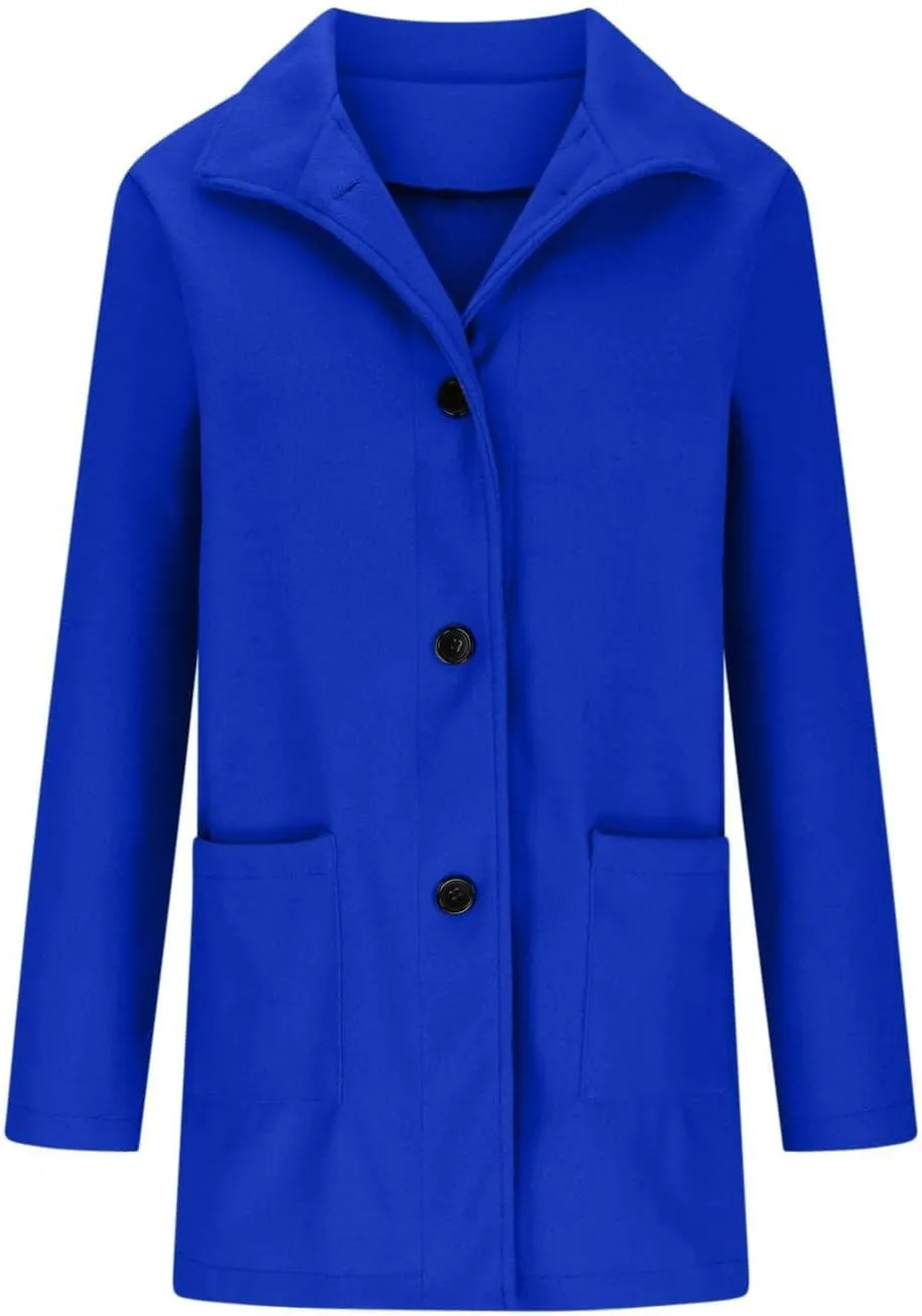 ZWRXW Women's Wool Blend Pea Coat Button Down Stand Collar Thicken Jacket Casual Solid Mid-Long Outerwear with Pockets