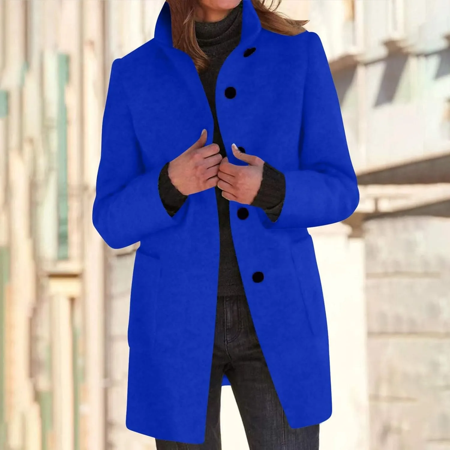 ZWRXW Women's Wool Blend Pea Coat Button Down Stand Collar Thicken Jacket Casual Solid Mid-Long Outerwear with Pockets