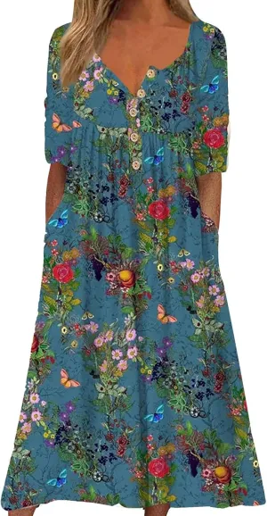 ZYXTIM Women's 2024 Summer Short Sleeve Maxi Dress Vintage Floral Printed V Neck Swing A Line Long T Shirt Dress Plus Size